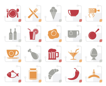 风格化的食物饮料和餐馆图标矢量图标集