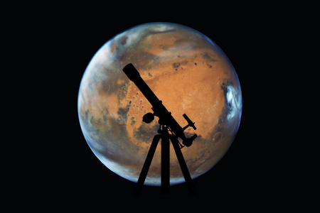 空间背景与望远镜的剪影。火星地球