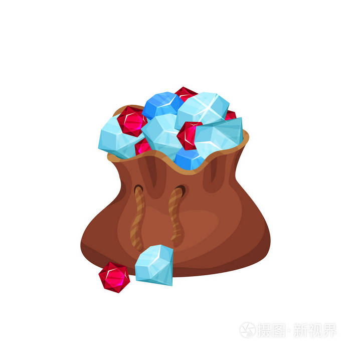 大棕色袋子充满贵重宝石钻石, 蓝宝石和红宝石.卡通宝石.珠宝店传单或