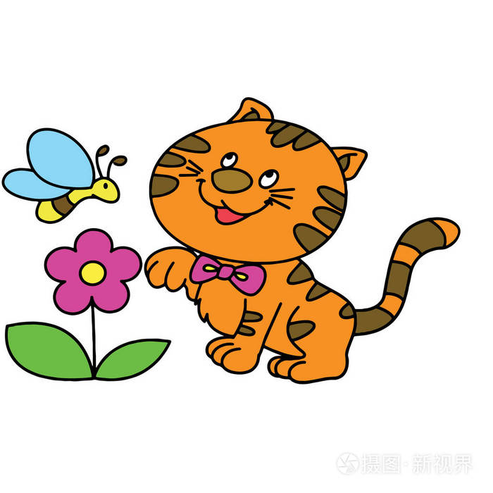可爱的卡通猫在白色背景的儿童版画t恤彩色书有趣和友好的性格的孩子