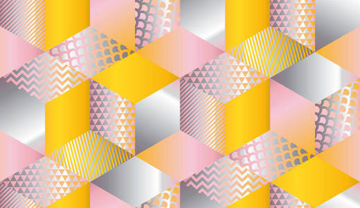 豪华几何形状马赛克在柔和的颜色。几何立方体和六角无缝图案与银。现代夏季和海滨面设计的背景