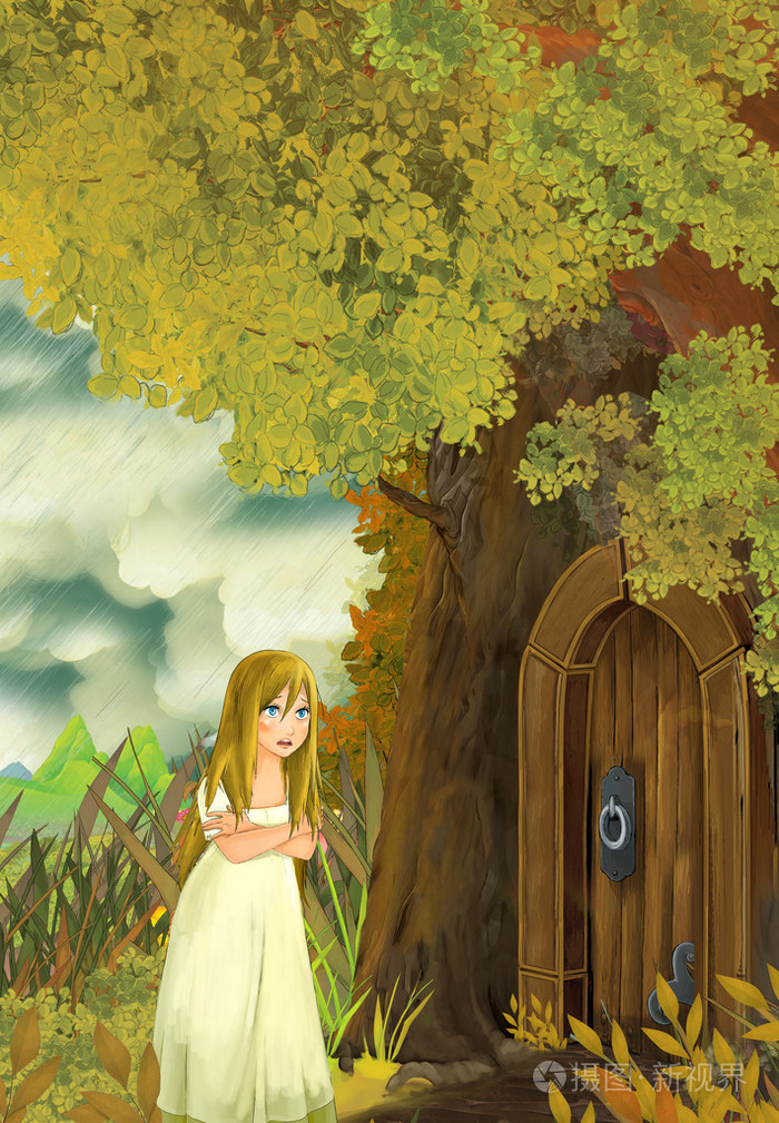 卡通童话场景与一个年轻的小女孩,生活在树屋和鼹鼠来拜访