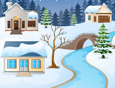 动画片冬天农村风景与房子和石桥梁在河