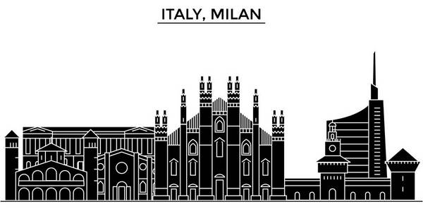 意大利，米兰建筑矢量城市天际线 旅游地标 建筑物 孤立的目光投向背景的城市风光