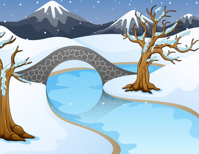 动画片冬天风景与山和小石桥梁在河