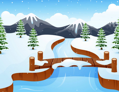 江雪动画图动画片冬天风景与山和小木桥梁在河照片