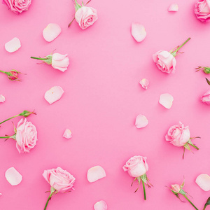 花框由玫瑰和花瓣在粉红色的背景。平躺, 顶部视图。情人节背景