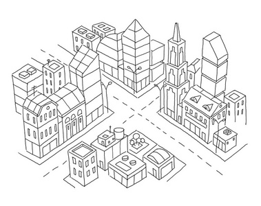 摩天大楼和高层建筑.家庭建筑城市中心.手绘黑线线照片