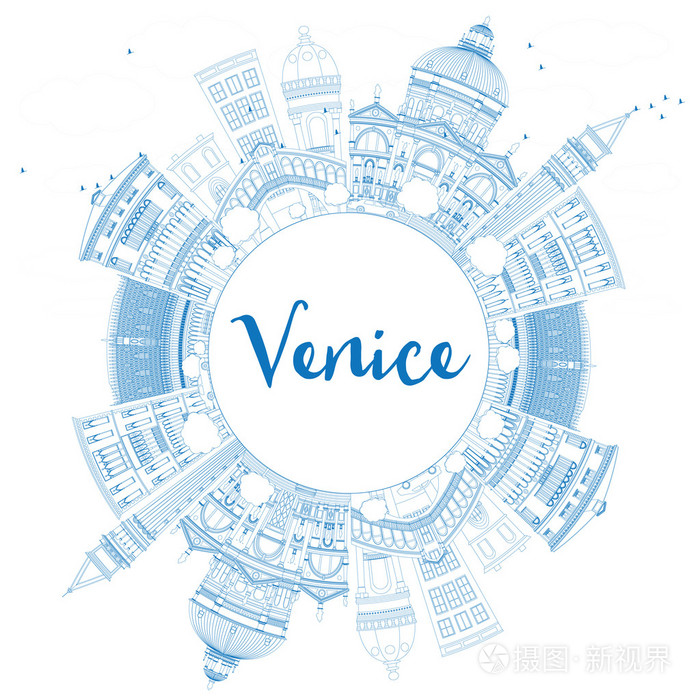 与蓝色建筑物轮廓威尼斯天际线剪影