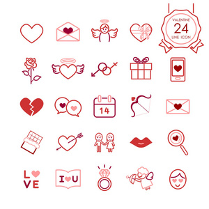 红色标志和符号线图标情人节的心脏和浪漫元素集, 矢量插图