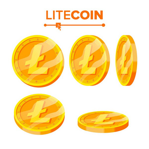 Litecoin 金币矢量集。翻转不同的角度。Litecoin 虚拟货币。数字货币。孤立平面插图