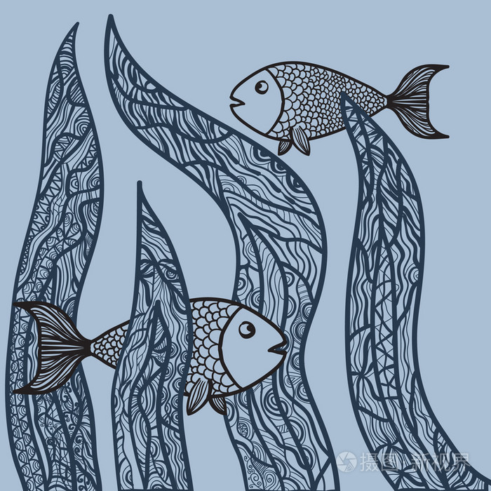 两条鱼在海杂草成人的抗应激彩页手画的涂鸦海洋动物草绘海报打印在