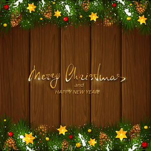 棕色木制背景的圣诞刻字冷杉树胸罩