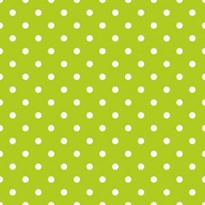 平铺矢量模式在绿色背景上的白色波尔卡圆点。