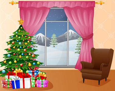 圣诞节圣诞树礼物和沙发的圣诞客厅内饰