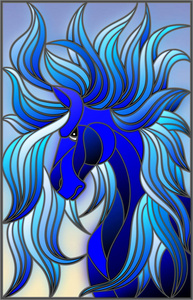 彩色玻璃风格的插图与抽象蓝脸他的马与发展的鬃毛在天空背景