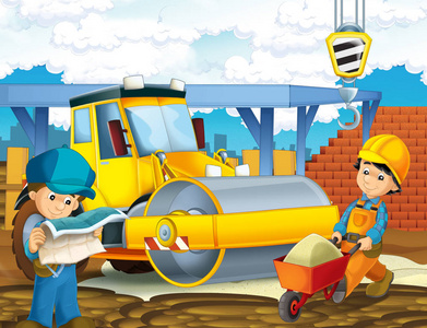 动画片场面与建筑工地-工作者做一些工作例证为孩子卡通场景施工现场