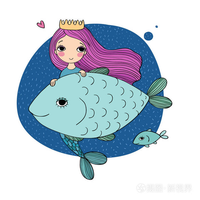 可爱的卡通美人鱼和鱼警报器海的主题白色背景上的孤立的对象