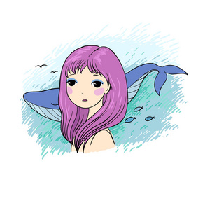 年轻漂亮的女孩水手与鲸鱼照片