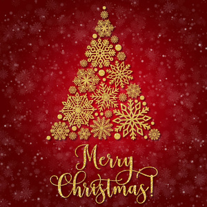 用金色的文本和抽象的圣诞树在红色的背景贺卡。闪光的短语圣诞快乐