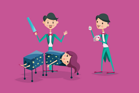 卡通人向导马戏团魔术师与顶帽隔绝在黑暗的背景上显示技巧展示跳跃