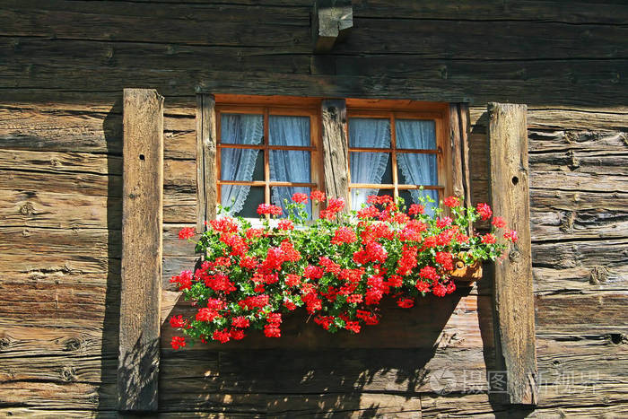 老式风格的木窗, 花在阿尔卑斯