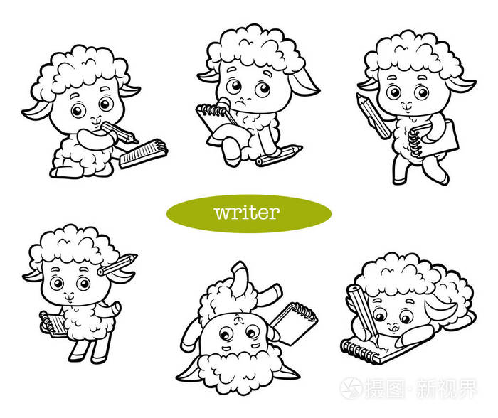 卡通插图, 黑白相间的套装, 配一只滑稽的绵羊