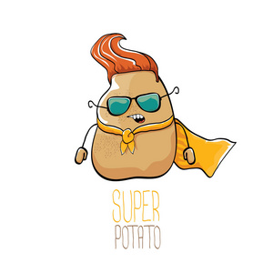 矢量搞笑卡通可爱的棕色超级英雄马铃薯与橙色英雄斗篷和英雄面具孤立的白色背景。我的名字是马铃薯矢量概念。超级蔬菜食品特性