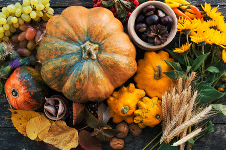 感恩节概念传统节日食品与南瓜老木
