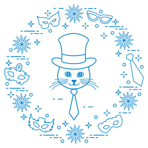 猫的枪口在圆筒帽子和狂欢节面具, 雪花