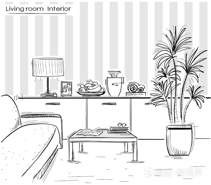 插画 室内装饰客厅设计.矢量黑色手绘图这.eps
