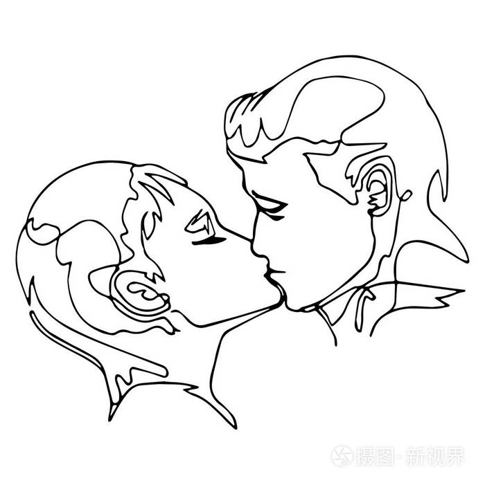 连续的线图画-人和妇女亲吻