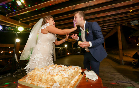 新娘新郎饲婚礼蛋糕的滑稽写照