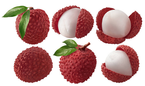 带叶子的新鲜荔枝在白色背景下被隔离照片