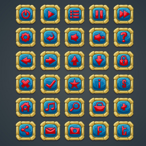 方形按钮与石元素和符号的 web 界面和电脑游戏设置