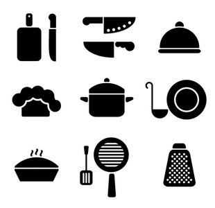 黑色的小厨房炊具图标集