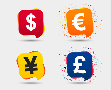 美元, 欧元, 英镑和日元货币五颜六色的图标, 矢量插图在白色背景下隔离