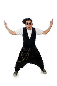 搞笑跳舞孤立在白色的年轻男士照片