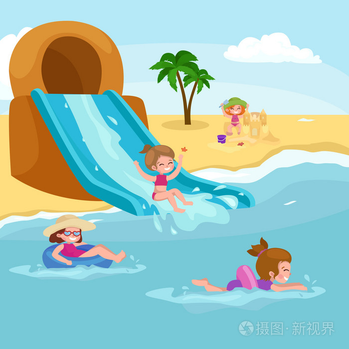 孩子的暑假.孩子们玩沙子在沙滩上水附近