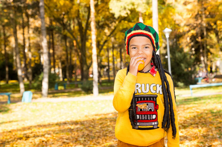 非洲裔美国人美丽的孩子的秋天画像。秋天公园里有树叶的快乐小黑男孩