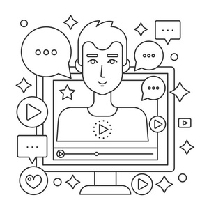 视频博客细线 web 概念。与男性人博客的电脑屏幕。个人博客频道广播。轮廓描边矢量图