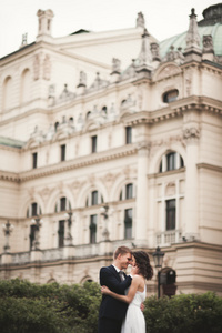 美丽婚礼夫妇 新娘 新郎亲吻和拥抱剧院背景
