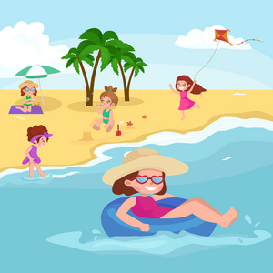 孩子的暑假。孩子们玩沙子在沙滩上水附近