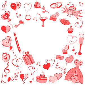 手绘情人节符号集。儿童的滑稽涂鸦图画五颜六色的心脏礼物圆环气球和蜡烛