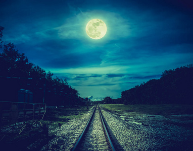 夜空和满月以上的树木和铁路剪影