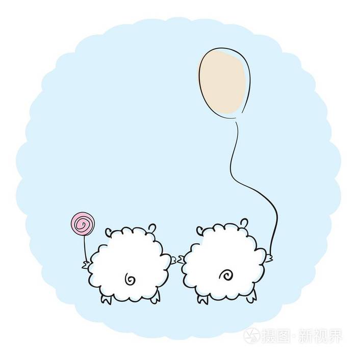 插画 爱气球和糖果在蓝色背景上的两只羊.矢量图.eps