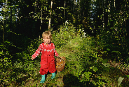 可爱的小女孩在森林里徒步旅行夏季的一天