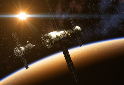 空间站和飞船上阳光的背景