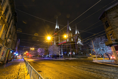 Sts 教堂. Olha 和伊丽莎白在晚上的冬季利沃夫, 乌克兰