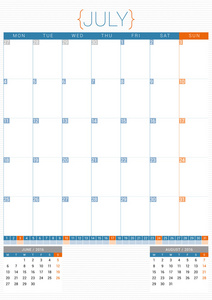 日历计划 2016年设计模板。7 月。每周从星期一开始